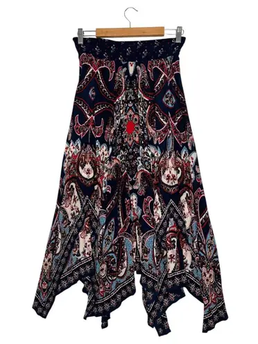 Bila Skirt Womens Medium Blue Boho Handkerchief Hem Paisley Midii Festival Gypsy