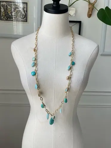 Chico's  Gold Tone Chain Turquoise Bead Strand Fashion Necklace 42”