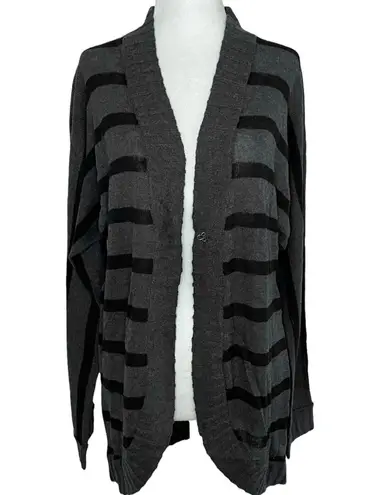 LA Made New  Striped Cardigan Sweater Cotton Rounded Hem Hook Closure Grey Black