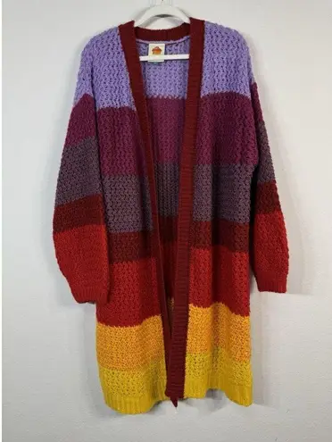 Farm Rio Patch Twirl Striped Multicolor Open Front Puff Sleeve Cardigan Size M/L