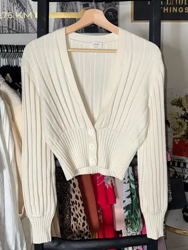 Wilfred Aritzia Plunge Front Ribbed Merino Wool Cardigan Cream Womens Small EUC