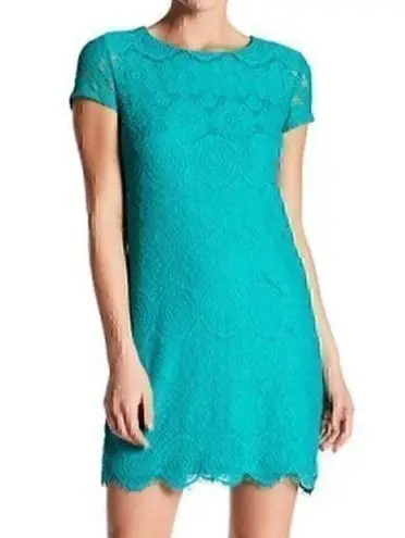 Laundry by Shelli Segal LAUNDRY SHELLI SEGAL Short Cap Sleeve Lace Shift Dress Teal Green Blue Party 10