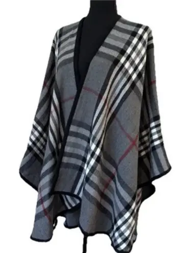V. Fraas Fraas Gray Red Black Plaid Acrylic Poncho With Black Trim Open Front, One Size