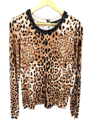 Boston Proper Beaded Neck Leopard Print Sweater Top Medium M Long Sleeve Casual - Image 1
