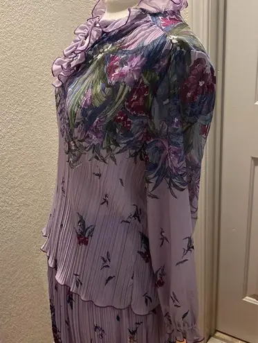 Plaza Square Vintage 2 Piece Skirt Set Purple Floral Pleated Ruffles EUC L/XL