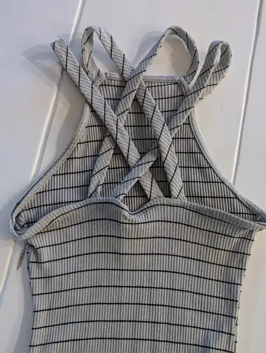 May pink Bodycon Dress – Gray Blue with Black Stripes, Size Small – Strappy Back & Front Slit