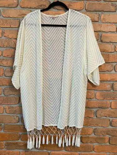 Skies Are Blue Chevron Fringe Kimono Cardigan Blouse Boho Beach Cover Up Size M