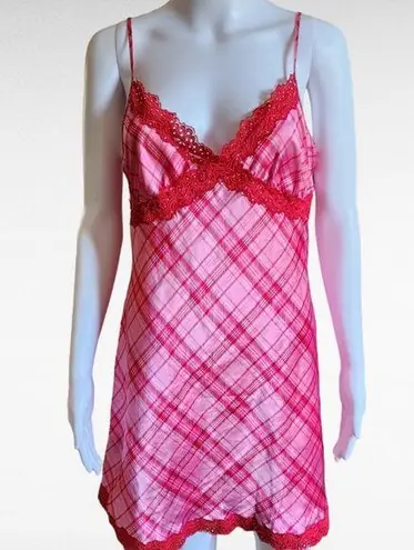 Jaclyn Smith Pink Red Plaid Lace Trim Satin Chemise Size Medium