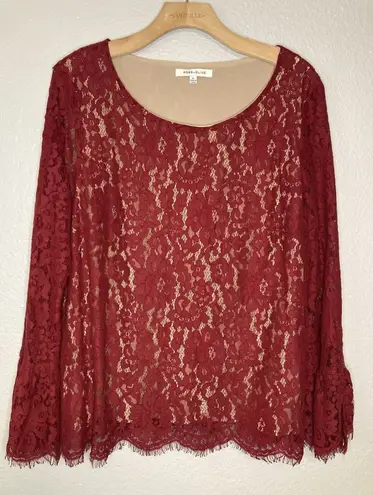 Rose + Olive Top Women XL Red Bell Sleeve Floral Lace Scalloped Romantic Boho