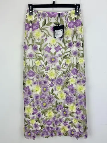 Muse by Marchesa Cynthia Floral Novelty Embroidered Pencil Midi Skirt US 0 NWT Purple