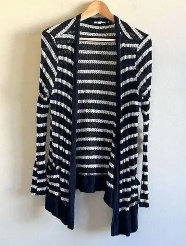 Pleione Sweater Womens Sz L Made in USA Black White Striped Open Front Cardigan