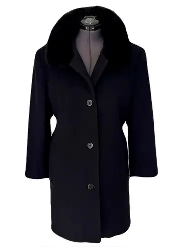 Vintage Forecaster Black 100% Wool Walker Coat with Fox Fur Collar Trim, Size 16