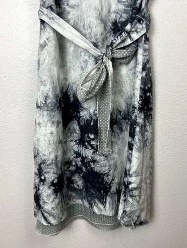 CoVelo Artsy Linen Blend Dress Womens Sz. 6 Layered Tie Die Waist Tie Gray White