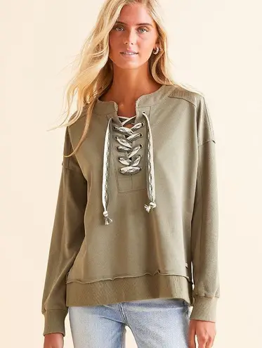 BKE Dusty Olive Green Lace-Up Pullover Sweatshirt Raw Hem Relaxed Fit Size M