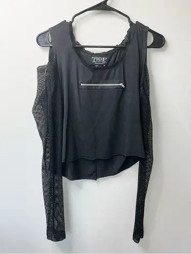 Tripp NYC Y2K Tripp Black Zipper Fishnet Sleeve Top