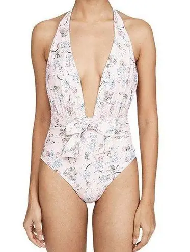 We Wore What Floral One Piece Brooklyn Halter Tie Belt Swimsuit Pink Blue XL NWT