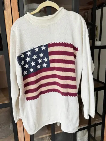 Vintage 90s USA Flag Knit Mockneck Sweater County Seat Patriotic embroidered White