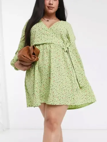 ASOS DESIGN Curve Women’s mini green ditsy floral faux wrap dress fairy size 18