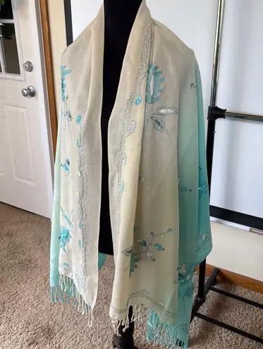 Unlisted Fairy Sparkle Sequin Evening Scarf Wrap Beaded Floral Tassels Ombre Blue Cream