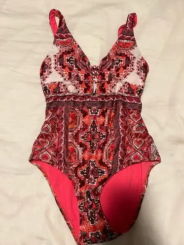 Becca pink aztec print patterned one piece open back swimsuit