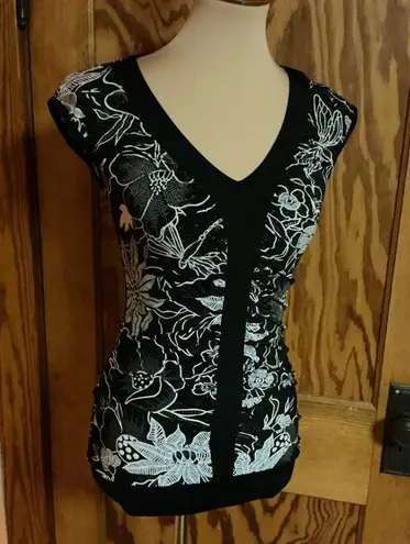 Vtg Y2K black floral sexy top