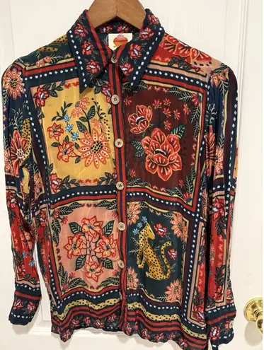 Farm Rio Leopard and Floral Button-Down Scarf Print Shirt XS