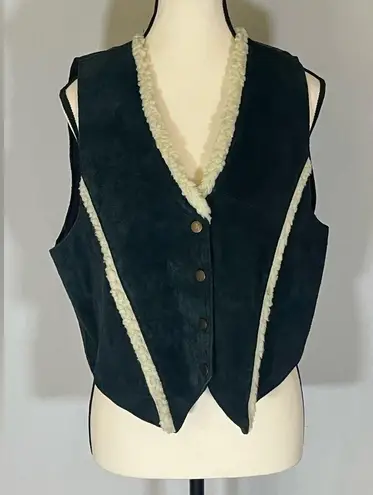 MIDWEST TRADERS Vtg Leather Vest With Sherpa Trim Green Size L