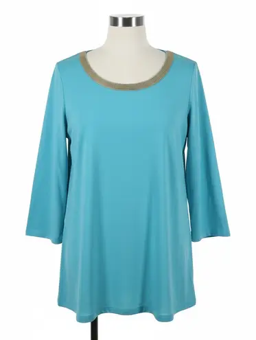 Belle by Kim Gravel Top Large Turquoise Gold Beaded Tunic Popover Slub Knit QVC Blue