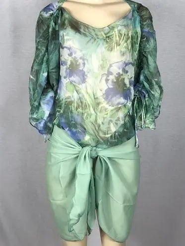 Zuliana Beach Cover Up Sarong & Tropical Print Top New Green Size undefined