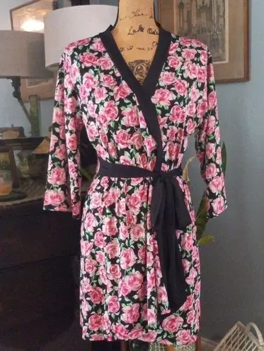 Laura Ashley Pink and Black Rose Printed Vintage Wrap Style Robe