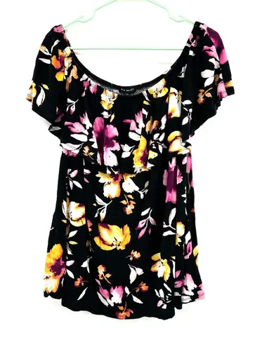 Lane Bryant  Size 18/20 Blouse Black Floral Off The‎ Shoulder Loose Short Sleeve