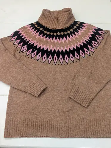 Aspen Fair Isle Nordic Knit Turtleneck Sweater Wool Blend Sz L NWOT Fall Brown