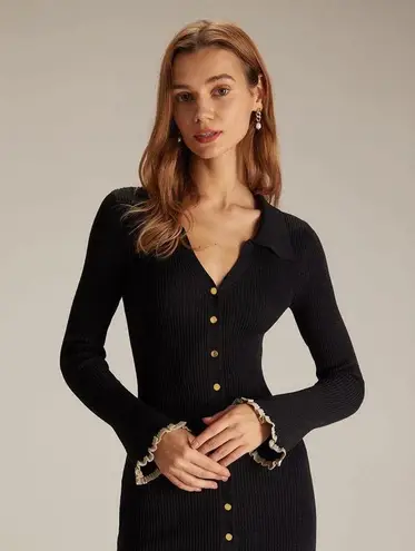 RIHOAS The Black V Neck Contrast Trim Knit Mini Dress XS