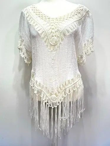 Boho Hippie White Gauzy Cotton & Crochet Lace with Fringe Top Size Medium