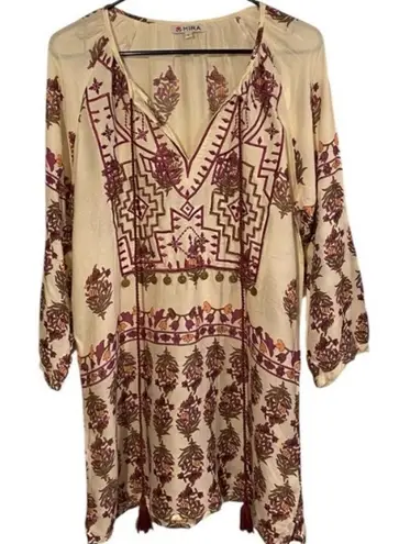 Mira Boho Cream purple and Burgundy brass embellishments Tunic Top Resortwear Red Size L