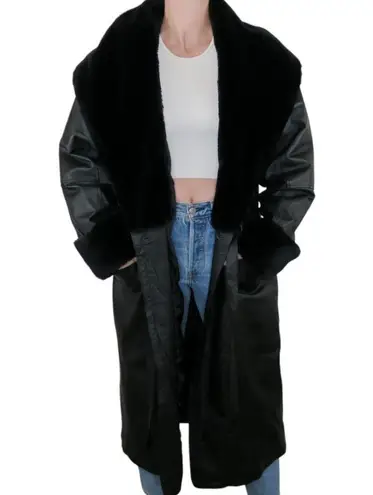 Vintage 80s Comint Black Leather & Fur Trench Coat Size L