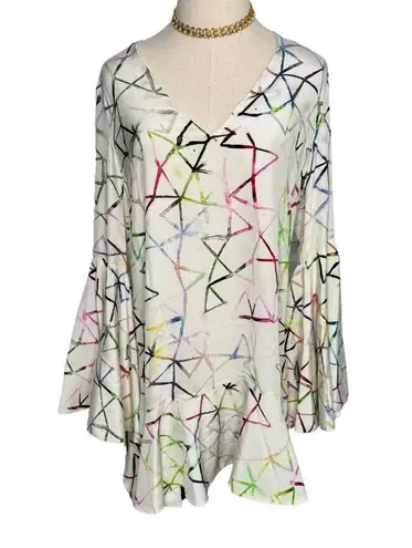 Alexis  Giovanna Flounce Bell Sleeve 100% silk Geometric Mini Dress size L 8-10