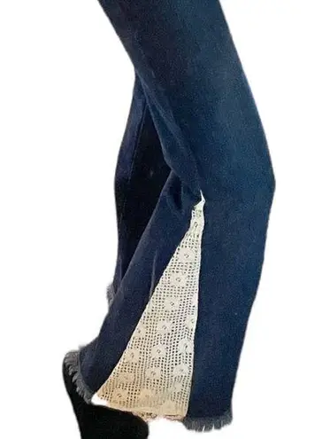 Vintage Flare Crochet Cut Out Hem Jeans Sz 4 Dark Wash Boho Blue