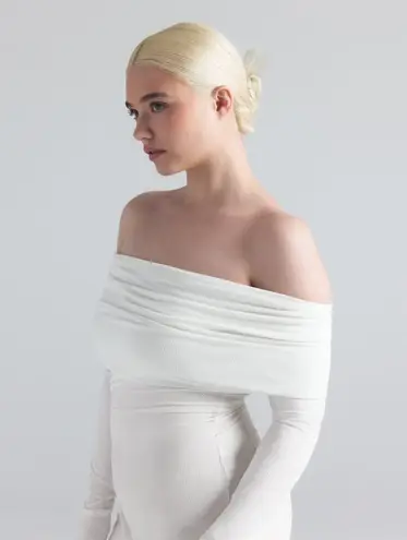 SKIMS Soft Lounge Off The Shoulder Mini Dress in Marble, Size X-Small