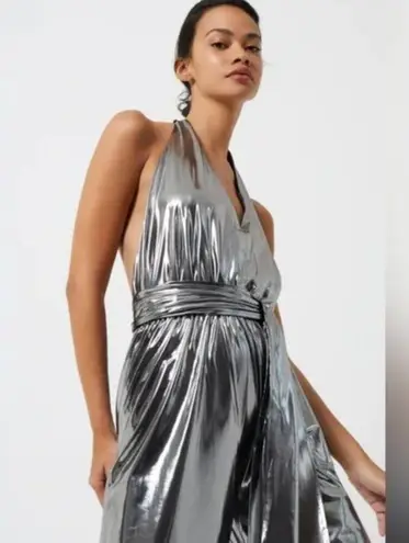 French Connection  NWT halter wide leg high shine Metallic silver Jumpsuit - M - Image 5