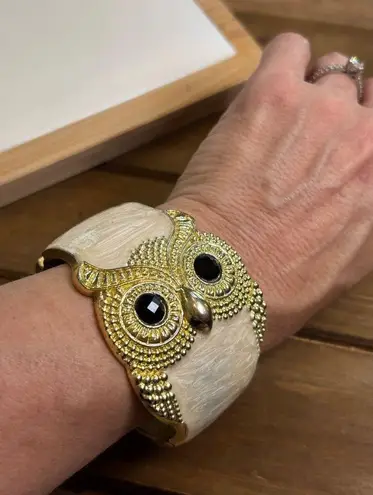 Gold & Ivory Owl Bangle Bracelet With Textured Detail