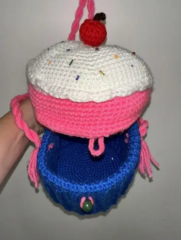 Handmade NEW CUTE Hand Knitted Crochet Cupcake Basket Crossbody Shoulder Bag Kawaii Anime