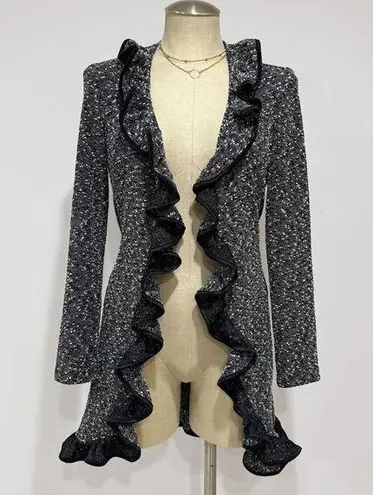 Joseph Ribkoff Womens Black & White Textured Long Sleeve Ruffled Cardigan Size 4