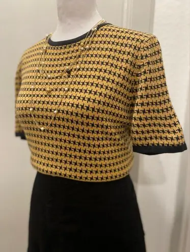 Sag Harbor VTG 90s Tan & Black Houndstooth Short Sleeve Crop Sweater Top Blouse