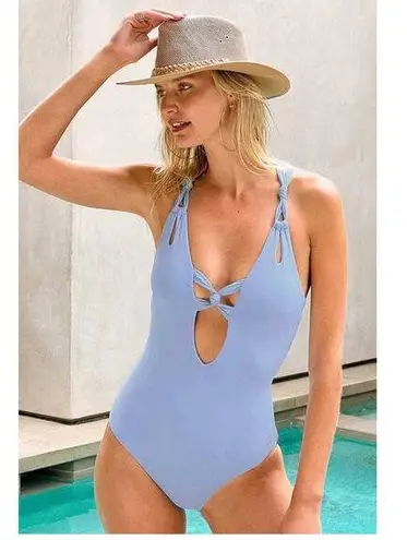 BECCA by Rebecca virtue BECCA Helena Plunge Coastline Blue One Piece Strappy Tie Back Swimsuit Size M