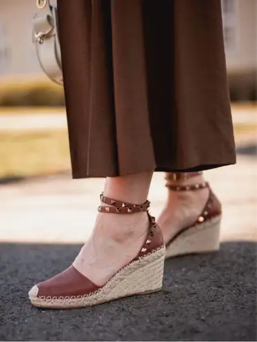 Valentino Garavani Valentino Rockstud double orange leather espadrille wedge sandal size IT 36 US 6