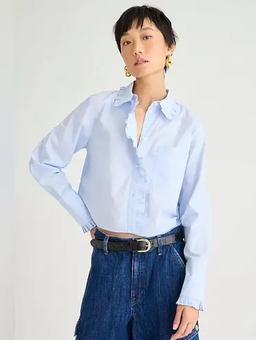 J.Crew  Ruffle Trim Button Up Shirt in Cotton Poplin Light Blue Size Small NWT