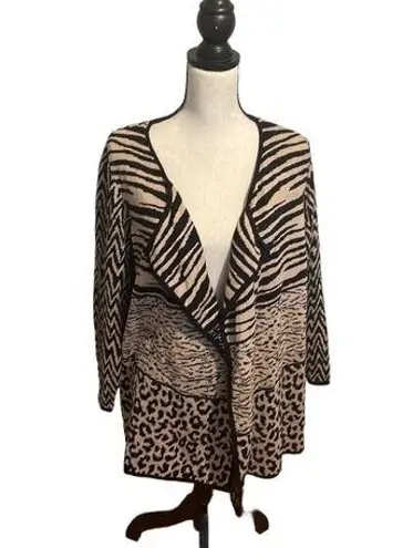 kim rogers  Animal Print Cotton Open Front Cardigan Sweater Tan Black 1X Plus