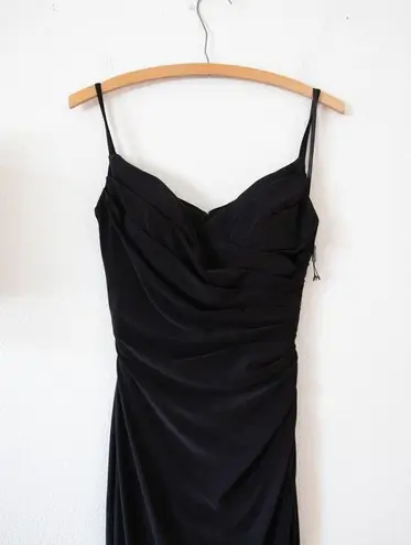 La Femme  V-Neck Black Ruched Open Back Jersey Dress