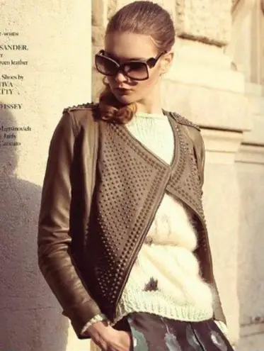 Nour Hammour Erin army green studded leather Biker jacket size FR 36 US 2 4 XS S